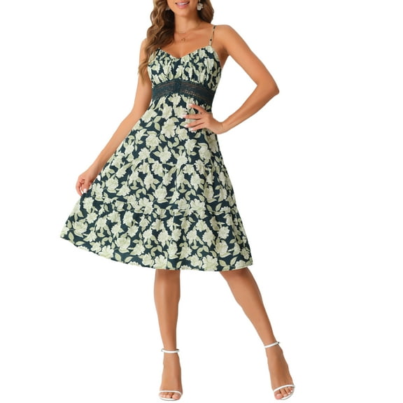 INSPIRE CHIC Women's V Neck Spaghetti Strap Smocked Back Ruffled Hem Midi Floral Dress Green S