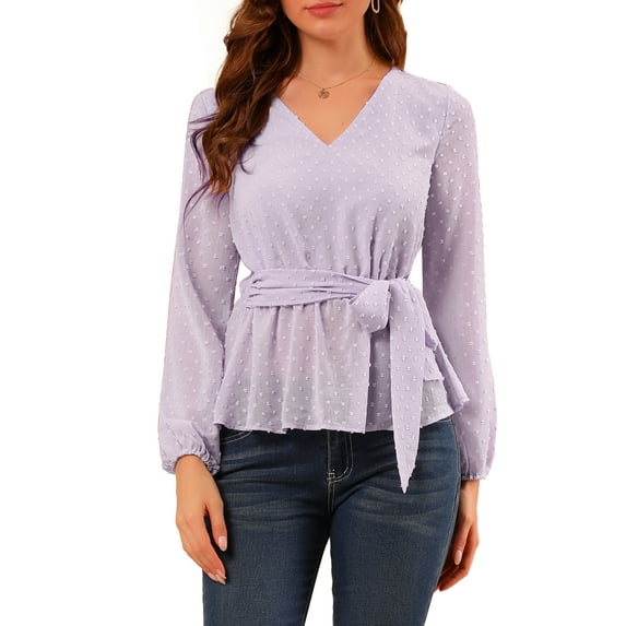 INSPIRE CHIC Women's V Neck Swiss Dots Blouse Lantern Sleeve Tie Waist Chiffon Peplum Top XS Lavender Purple