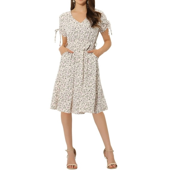 INSPIRE CHIC Women's V Neck Tie Cuffs Belted Waist A-Line Floral Midi Dresses
