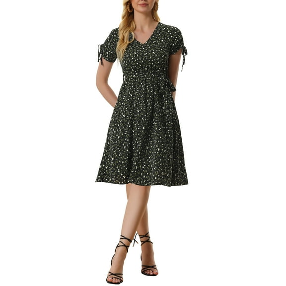 INSPIRE CHIC Women's V Neck Tie Cuffs Belted Waist A-Line Floral Midi Dresses