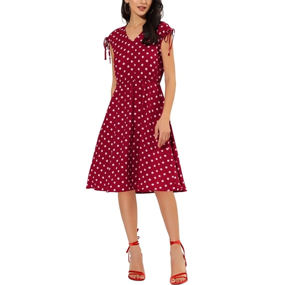 Allegra K Women's V-Neck Vintage Polka Dots Tie Waist Sleeveless Dress