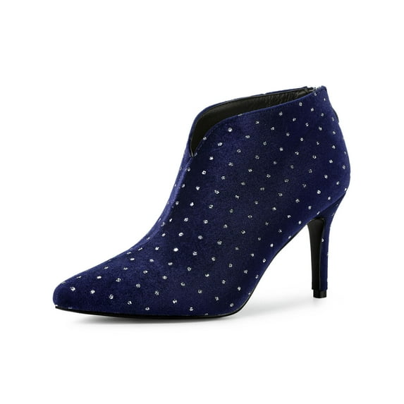 BLISSFUL STEP Women's V Shaped Cutout Pointed Toe Stiletto Heel Ankle Boots Blue 8