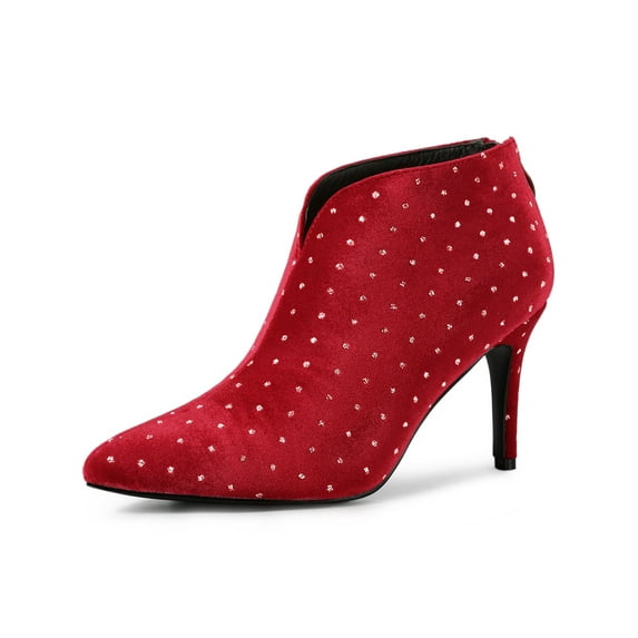 BLISSFUL STEP Women's V Shaped Cutout Pointed Toe Stiletto Heel Ankle Boots Red 6