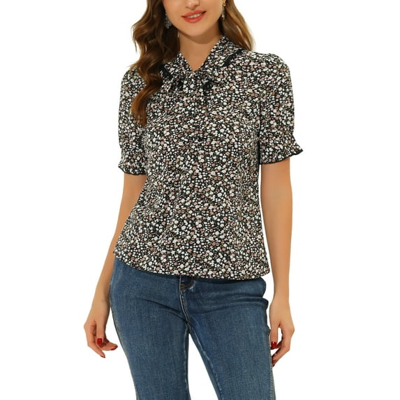 INSPIRE CHIC Women's V Tie Neck Turn Down Collar Puff Sleeve Floral Blouse Top S Black