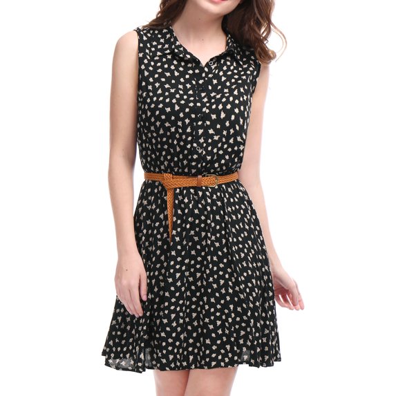 INSPIRE CHIC Women's Floral Printed Half Placket Knee Length Sleeveless Spring Belted Dress L Black-daisy