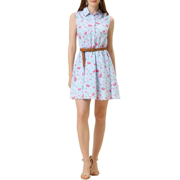 INSPIRE CHIC Women's Floral Printed Half Placket Knee Length Sleeveless Spring Belted Dress XL Light Blue-Pink Floral