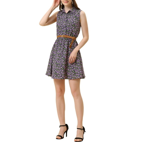 INSPIRE CHIC Women's Floral Printed Half Placket Knee Length Sleeveless Spring Belted Dress XL Purple Floral