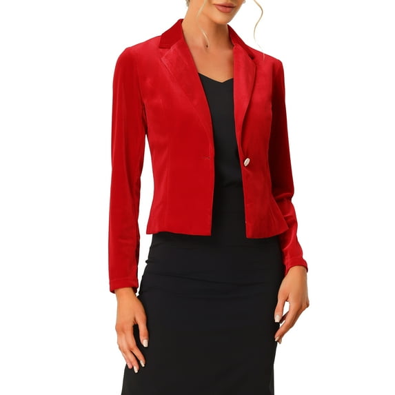 INSPIRE CHIC Women's Velvet Blazer Lapel Collar Long Sleeve Button Wear-to-Work Suit Jacket L Red