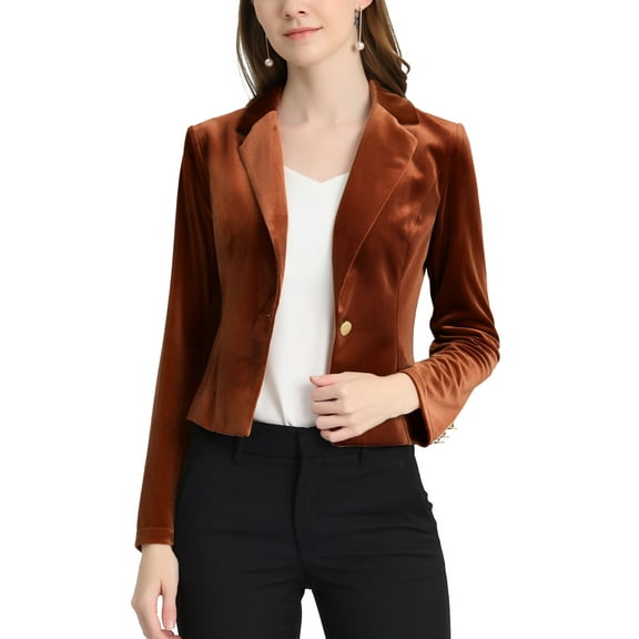 INSPIRE CHIC Women's Velvet Blazer Lapel Collar Long Sleeve Button Wear-to-Work Suit Jacket M Brown