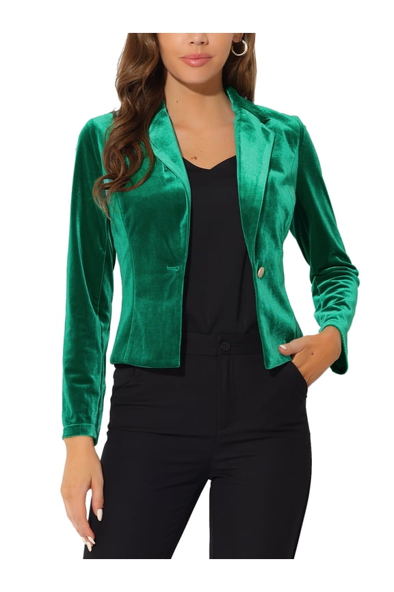 Women's Velvet Blazer Lapel Collar Long Sleeve Button Wear-to-Work Suit Jacket S Grass Green