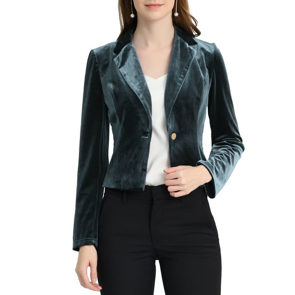 INSPIRE CHIC Women's Velvet Blazer Lapel Collar Long Sleeve Button Wear-to-Work Suit Jacket XL Grey Blue