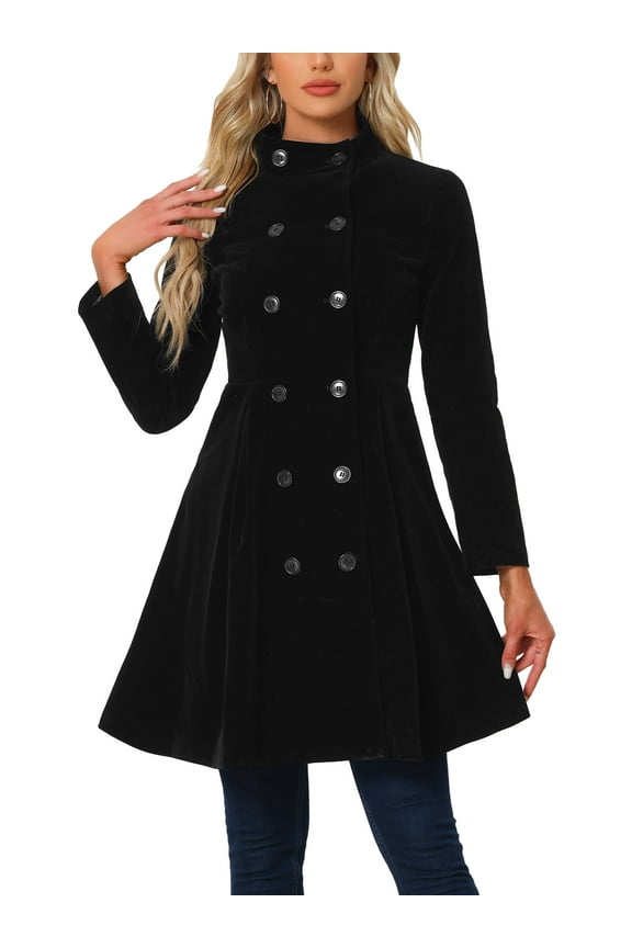 Women's Velvet A-Line Coat Double Breasted Stand Collar Mid-Length Winter Trench Coat M Black