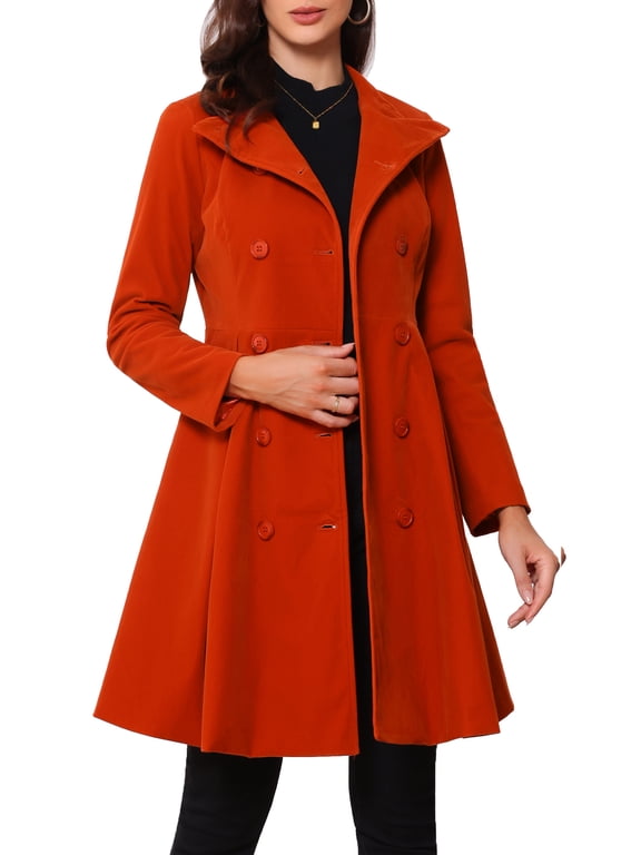 Women's Velvet A-Line Coat Double Breasted Stand Collar Mid-Length Winter Trench Coat M Orange Red