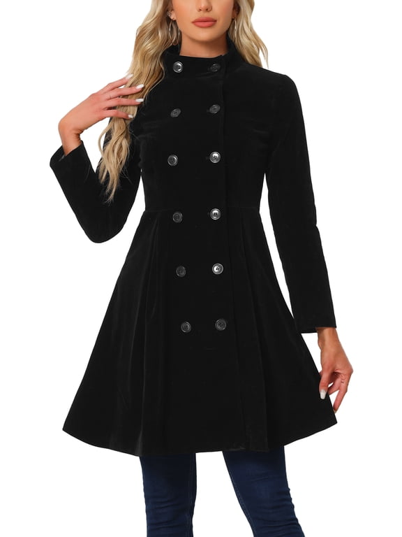 Women's Velvet A-Line Coat Double Breasted Stand Collar Mid-Length Winter Trench Coat S Black