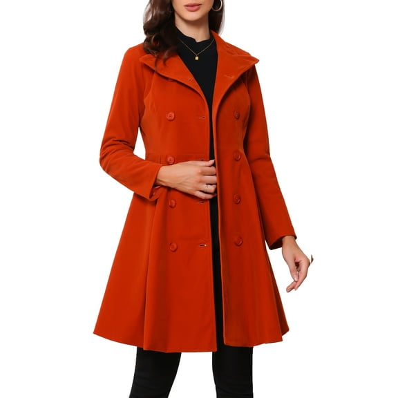 INSPIRE CHIC Women's Velvet A-Line Coat Double Breasted Stand Collar Mid-Length Winter Trench Coat S Orange Red