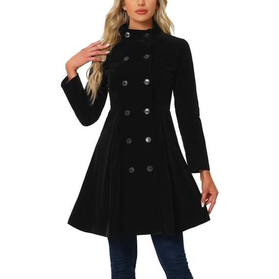 INSPIRE CHIC Women's Velvet A-Line Coat Double Breasted Stand Collar Mid-Length Winter Trench Coat XL Black