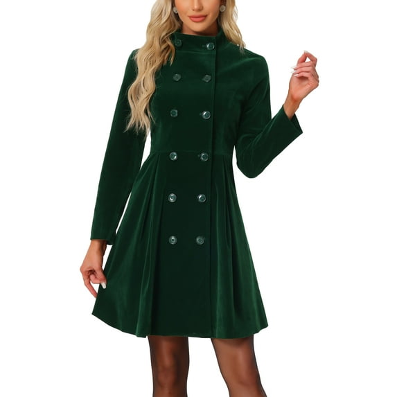 INSPIRE CHIC Women's Velvet A-Line Coat Double Breasted Stand Collar Mid-Length Winter Trench Coat XS Dark Green