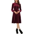 thumbnail image 1 of INSPIRE CHIC Women's Velvet Dress Mock Neck Button Front Ruffle Vintage Flare Dresses M Burgundy, 1 of 6