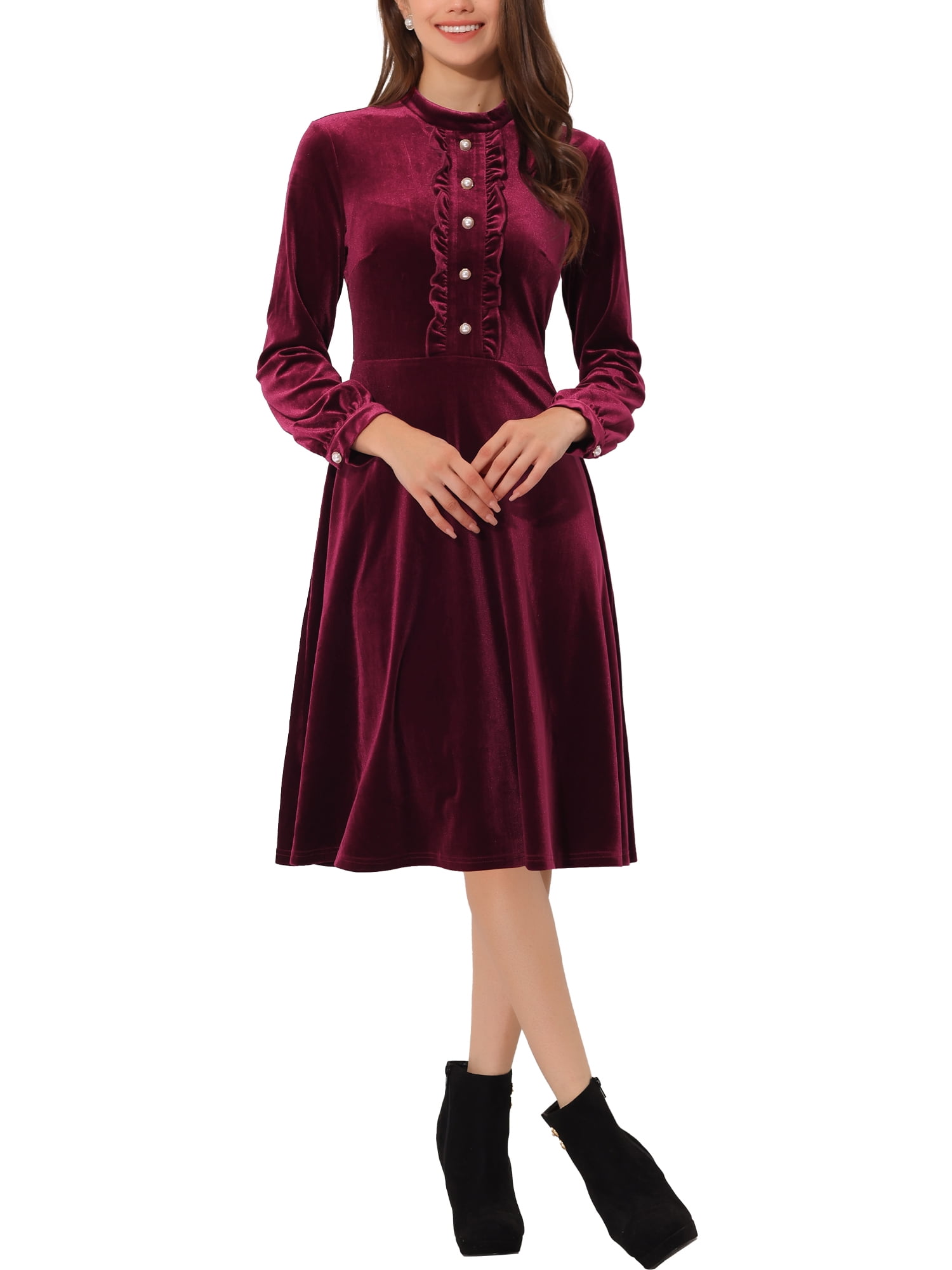 Inspire Chic Women's Velvet Dress Mock Neck Button Front Ruffle Vintage Flare Dresses S Burgundy