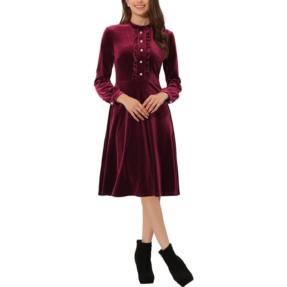 INSPIRE CHIC Women's Velvet Dress Mock Neck Button Front Ruffle Vintage Flare Dresses S Burgundy