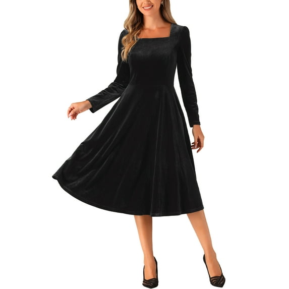 INSPIRE CHIC Women's Velvet Dress Square Neck High Waist Puff Long Sleeve A-line Dresses with Pockets M Black