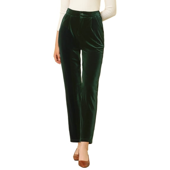 INSPIRE CHIC Women's Velvet Elegant High Waist Trousers with Pockets Work Ankle Pants L Deep Green