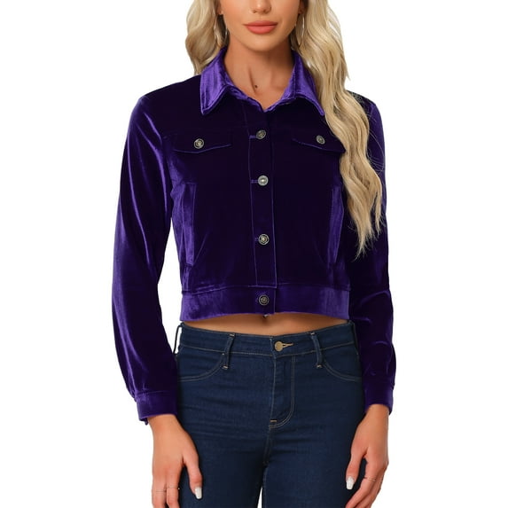 INSPIRE CHIC Women's Velvet Jacket Faux Flap Pocket Long Sleeves Button Front Casual Jacket S Dark Purple