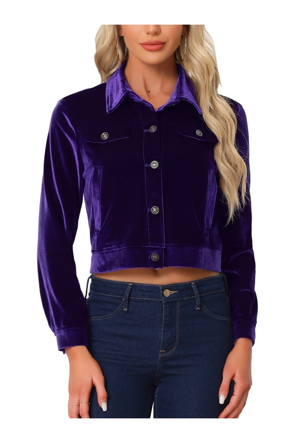 Women's Velvet Jacket Faux Flap Pocket Long Sleeves Button Front Casual Jacket L Dark Purple
