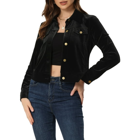 INSPIRE CHIC Women's Velvet Jacket Faux Flap Pocket Long Sleeves Button Front Casual Jacket XS Black