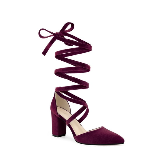 Allegra K Women's Velvet Lace Up Block Heels Pointed Toe Pumps Burgundy 6