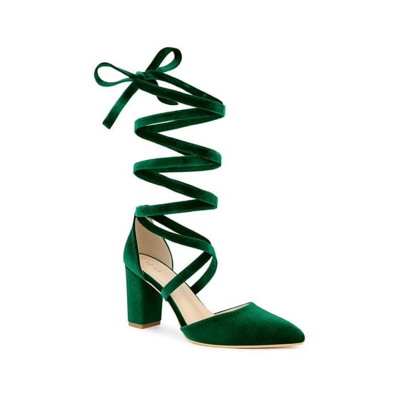 BLISSFUL STEP Women's Velvet Lace Up Block Heels Pointed Toe Pumps Dark Green 8