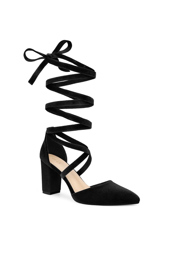 Women's Velvet Lace Up Block Heels Pointed Toe Pumps Black 8