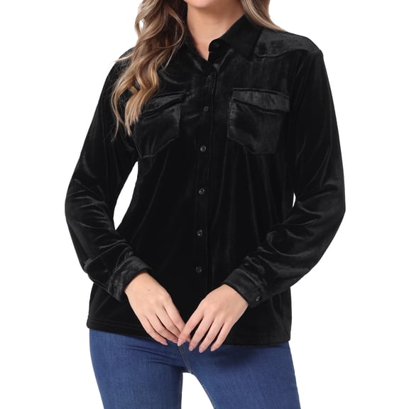 INSPIRE CHIC Women's Velvet Long Sleeve Button Down Casual Shirts L Black
