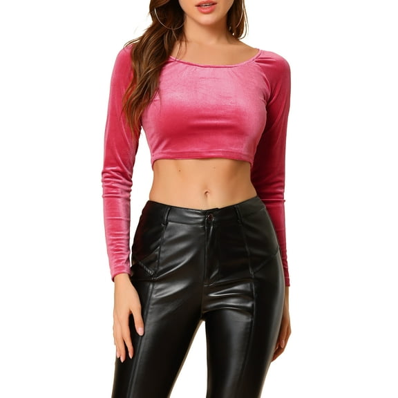 INSPIRE CHIC Women's Velvet Long Sleeve Off Shoulder Solid Crop Tops M Fushcia