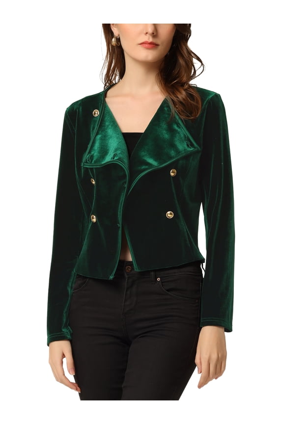Women's Velvet Notched Lapel Double Breasted Motorcycle Cropped Jacket L Dark Green