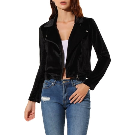 INSPIRE CHIC Women's Velvet Notched Lapel Zipper Cropped Motorcycle Jacket S Black