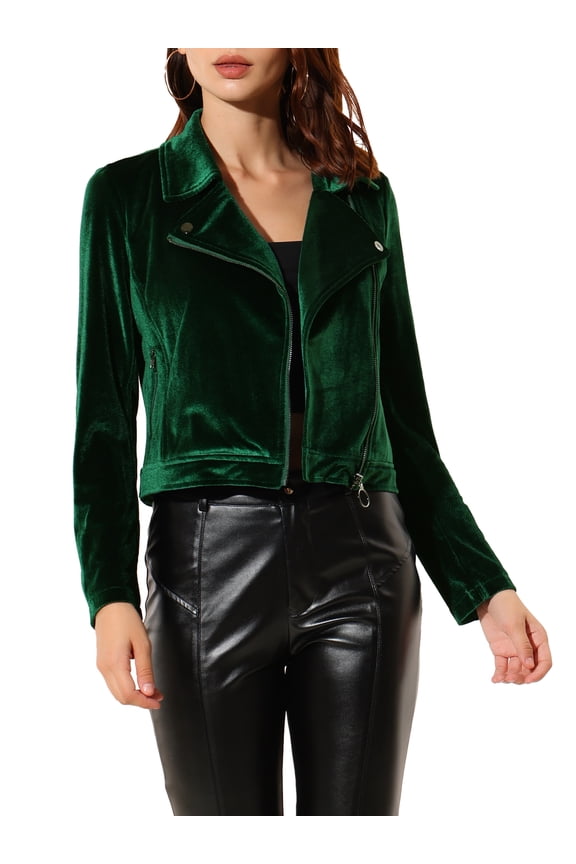 Women's Velvet Notched Lapel Zipper Cropped Motorcycle Jacket XS Green