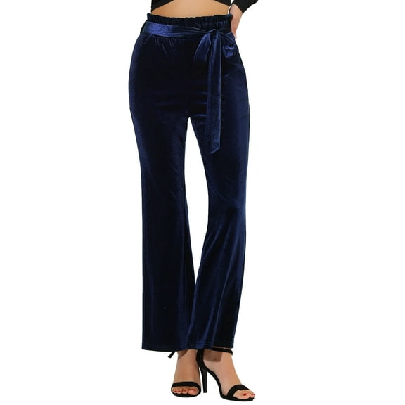 INSPIRE CHIC Women's Velvet Pants Tie Waist Stretchy Wide Leg Pants with Pockets XL Dark Blue