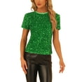 thumbnail image 1 of INSPIRE CHIC Women's Velvet Sequin Top Crew Neck Short Sleeve Party Clubwear Blouse M Green, 1 of 6