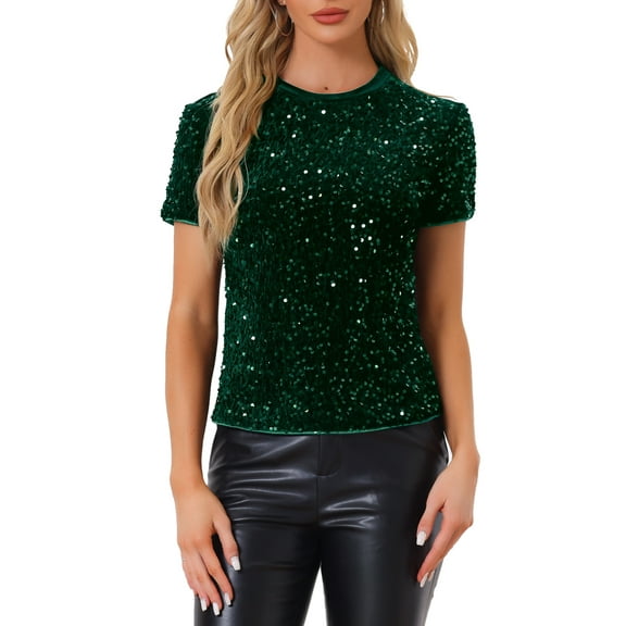 INSPIRE CHIC Women's Velvet Sequin Top Crew Neck Short Sleeve Party Clubwear Blouse XS Dark Green