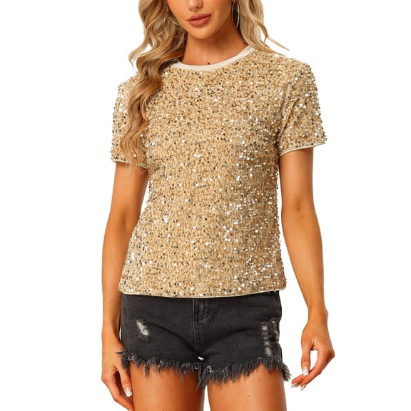 INSPIRE CHIC Women's Velvet Sequin Top Crew Neck Short Sleeve Party Clubwear Blouse XS Gold