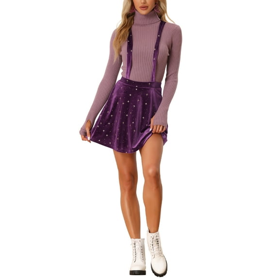 INSPIRE CHIC Women's Velvet Star Printed Adjustable Strap High Waist Suspender Skirt L Purple