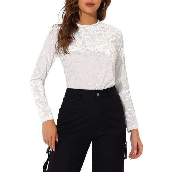 INSPIRE CHIC Women's Velvet Tops Round Neck Long Sleeve Casual T-Shirt 3XL White