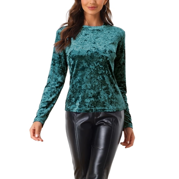 INSPIRE CHIC Women's Velvet Tops Round Neck Long Sleeve Casual T-Shirt S Blue Green