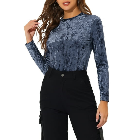 INSPIRE CHIC Women's Velvet Tops Round Neck Long Sleeve Casual T-Shirt XS Grey Blue
