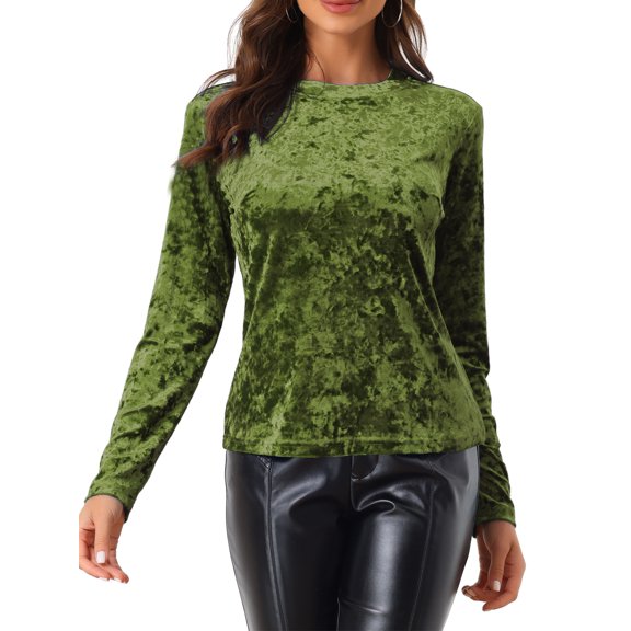 INSPIRE CHIC Women's Velvet Tops Round Neck Long Sleeve Casual T-Shirt S Light Green