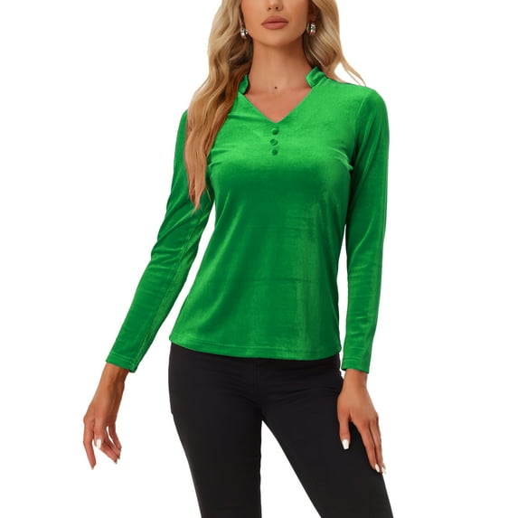 INSPIRE CHIC Women's Velvet V Neck Long Sleeve Blouse Top XL Green