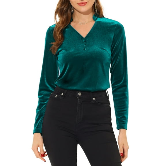 INSPIRE CHIC Women's Velvet V Neck Long Sleeve Blouse Top XS Lake Green