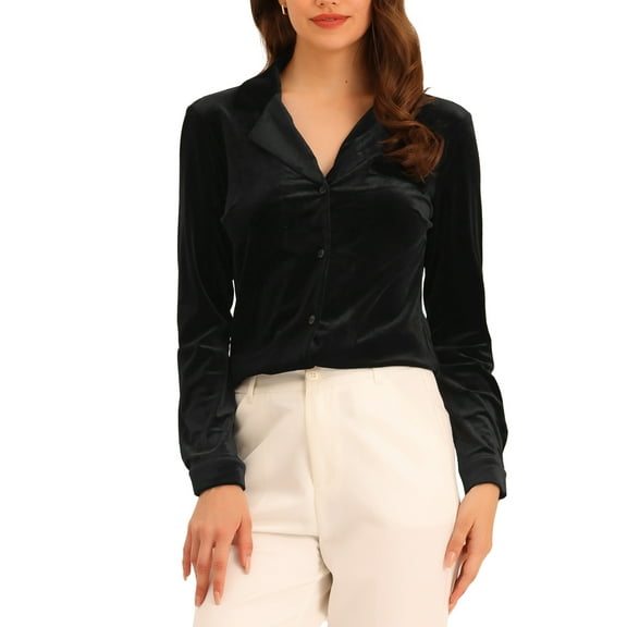 INSPIRE CHIC Women's Velvet Top Button Down Shirt V Neck Long Sleeve Retro Blouse M Black