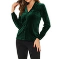 thumbnail image 1 of INSPIRE CHIC Women's Velvet Top Button Down Shirt V Neck Long Sleeve Retro Blouse XS Dark Green, 1 of 7